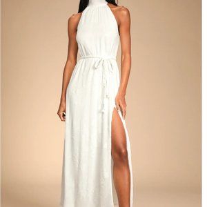Breath of Spring White Jacquard Halter Maxi Dress